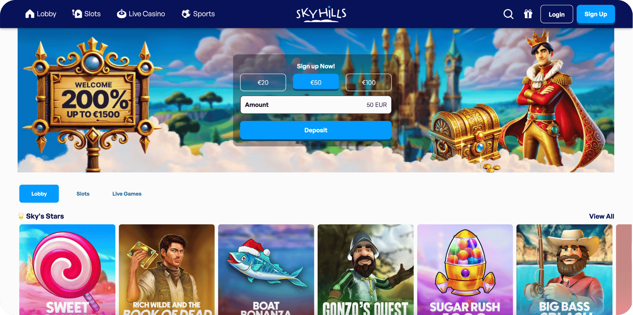 SkyHills Casino hompage